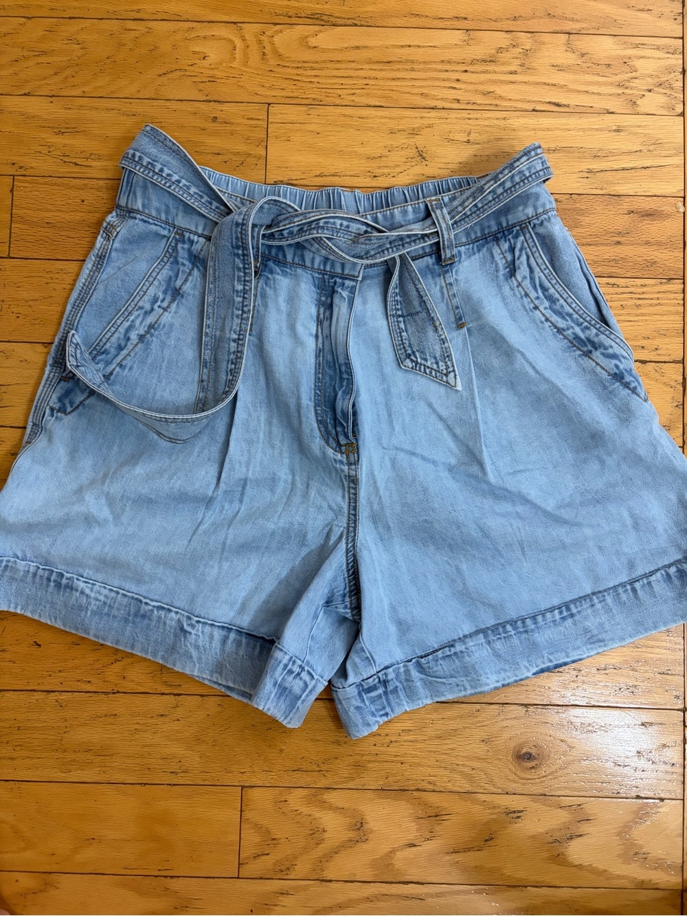 LOFT Light Blue Denim Paperbag Waist Shorts with Tie Belt